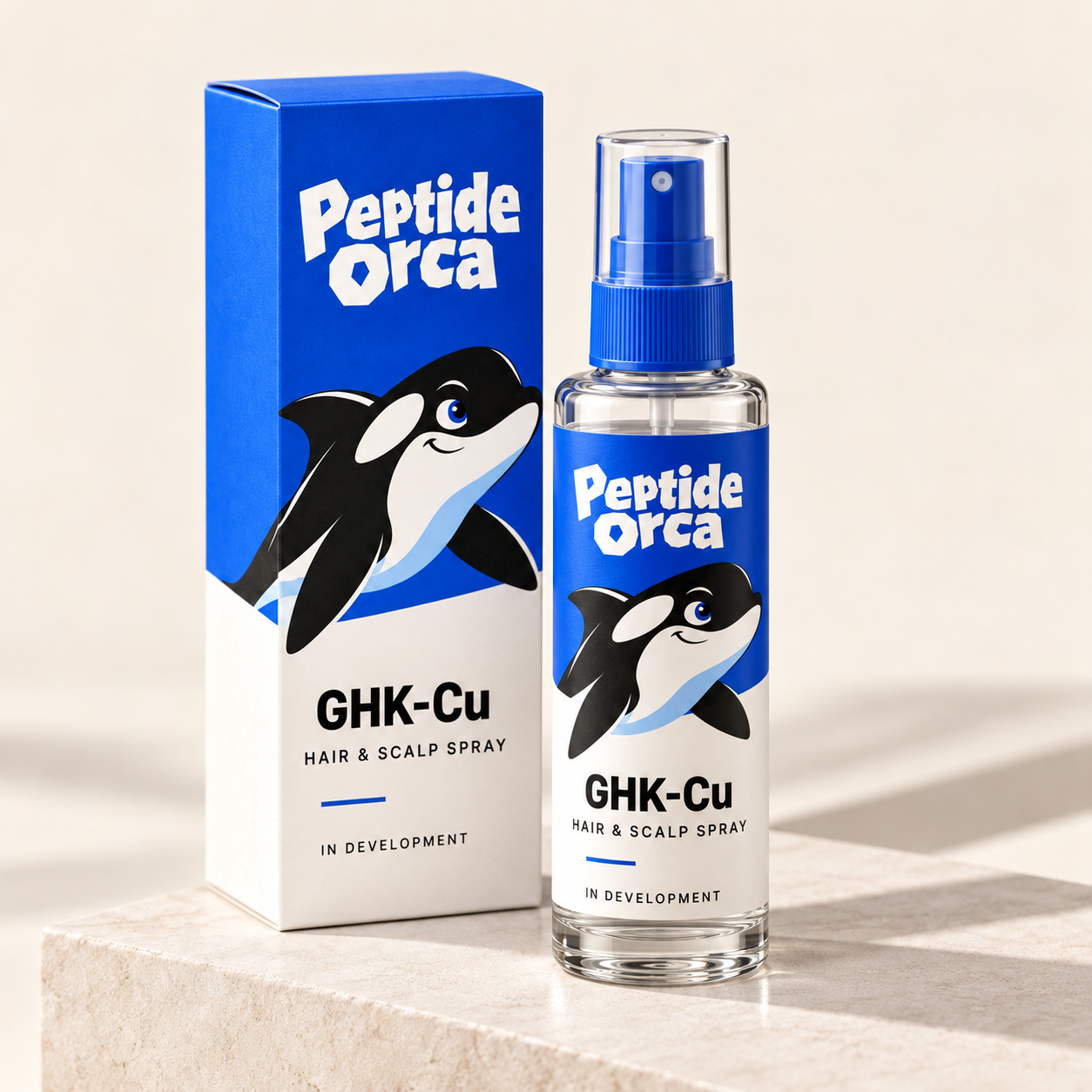 Peptide Orca GHK-Cu glass hair and scalp spray with its matching carton